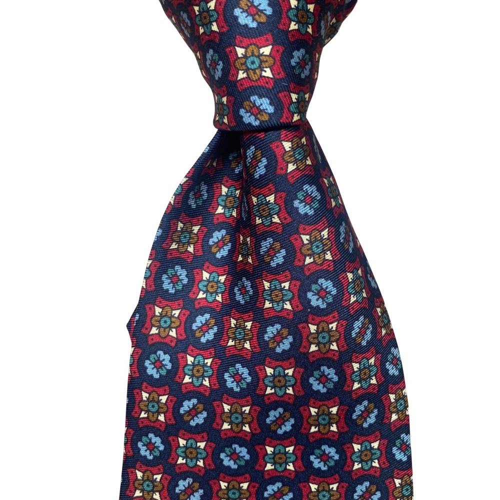 Vintage J. Crew Silk Tie Medallion Mens Blue Red Oarsma Geometric USA Academia